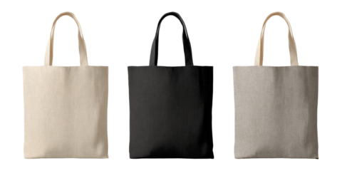 Three blank canvas tote bags in cream, black, and gray