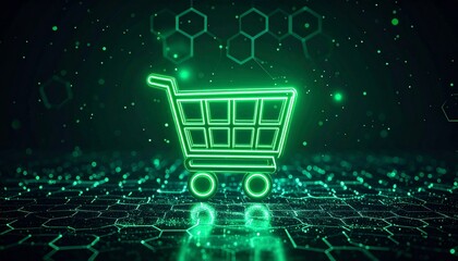 Glowing green shopping cart icon floating above hex grid in digital e-commerce environment.