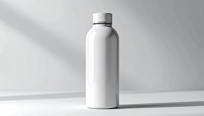 Minimalist white plastic bottle with screw cap on light surface and soft shadows.