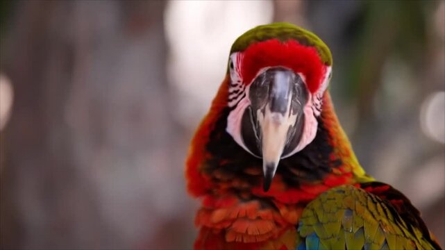 Close up of a vibrant parrot with detailed feather texture and a strong focus on the birds head and beak
