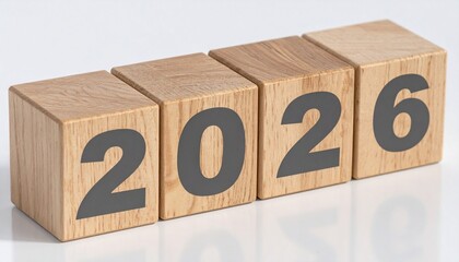 Wooden blocks forming “2026” on light surface, symbolizing future planning and milestones.