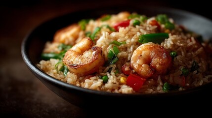 Fototapeta premium A tantalizing close up of delicious shrimp fried rice featuring succulent prawns and colorful mixed vegetables served in a dark bowl on a rustic