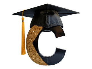 Graduation Letter C with Mortarboard Cap and Golden Stripe for Academic Achievement and Educational Success on Transparent Backdrop