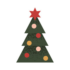 Christmas tree decorated with balls and star. Vector geometric illustration of traditional holiday decor