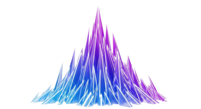 Razor-sharp geometric shards of translucent light, blue to violet gradient, forming an ascending peak against a bright white background with copy space below, concept of futuristic innovation
