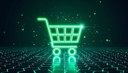 Glowing green shopping cart icon floating above hex grid in digital e-commerce environment.