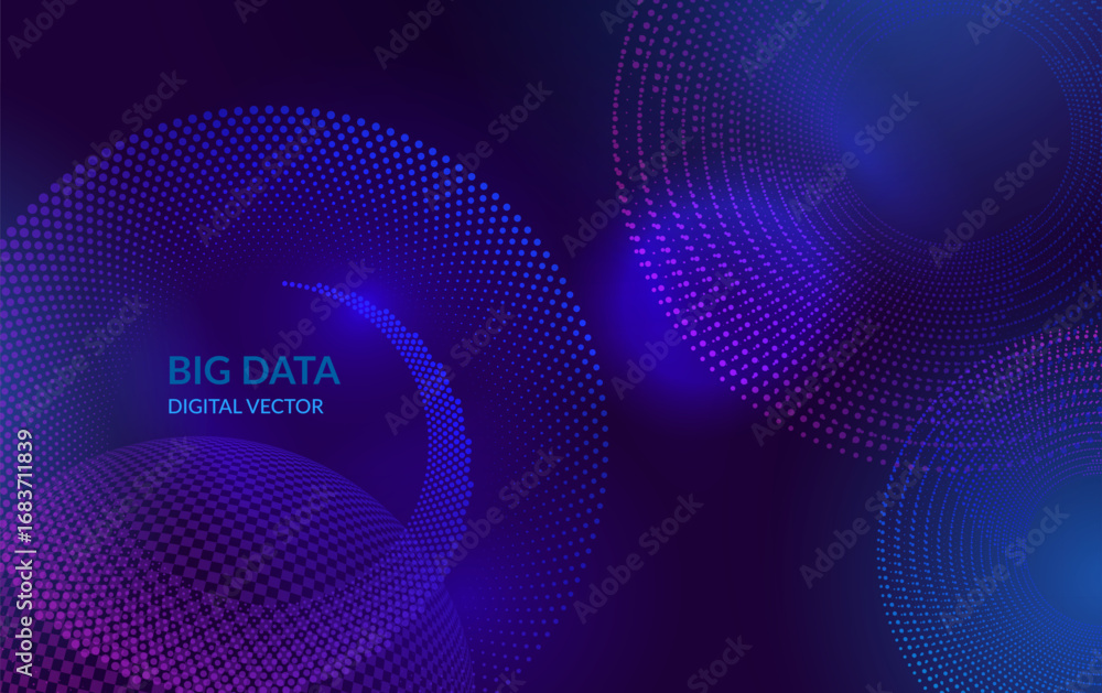 Poster abstract big data technology background – digital vector with blue and purple halftone circles and s