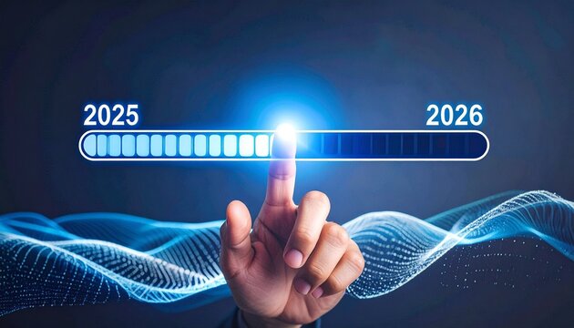 Futuristic progress bar transitioning from 2025 to 2026 with glowing blue interface and pointing hand.