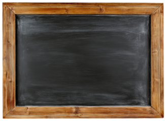 A blank, dark gray chalkboard framed by aged, light brown wood