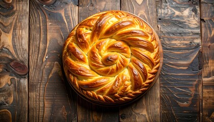 Round braided bread on a wooden surface