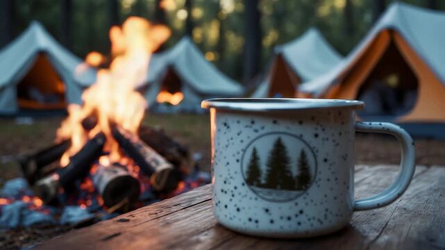 Rustic camping scene with enamel mug on wooden table near campfire, surrounded by glowing tents and forest trees in evening outdoor setting