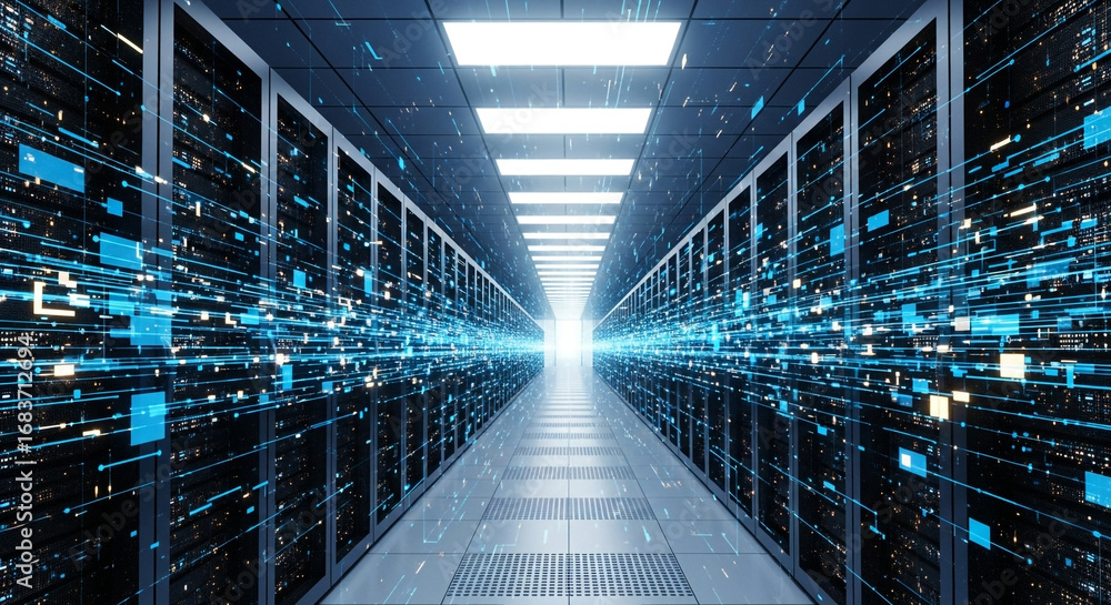 Aufkleber aisle of a modern data center with rows of server racks glowing with blue digital data streams and l