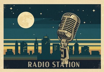 Vintage radio station art featuring a microphone and city skyline against a night background