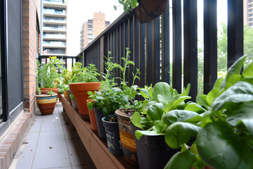 A ground-level shot of a variety of plants growing in terracotta pots and plastic containers on an apartment balcony