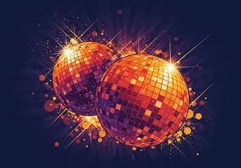 Two shimmering disco balls with sparkling effects on a dark background