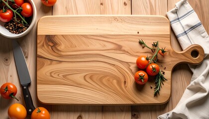 Rustic cutting board with knife, peppercorns, and fresh vegetables on wooden surface.
