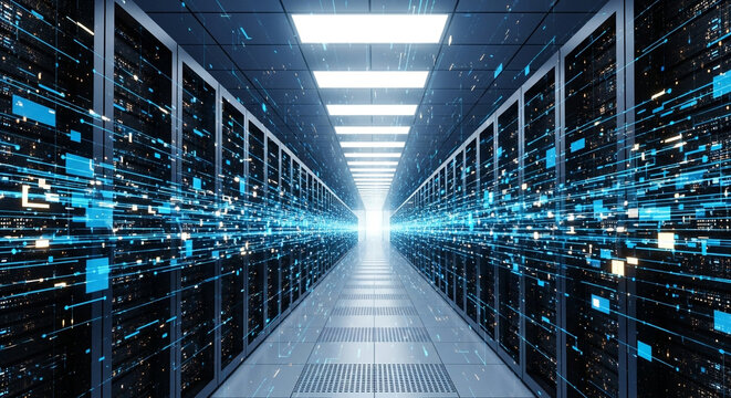 Aisle of a modern data center with rows of server racks glowing with blue digital data streams and lights