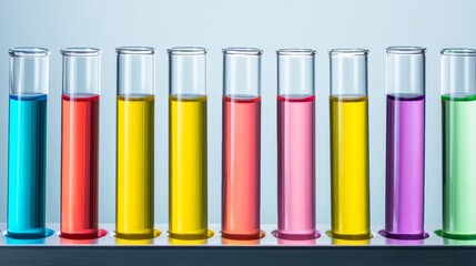 Eight glass test tubes in a row contain vibrant colored liquids including blue, red, yellow, pink,
