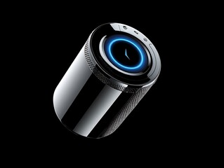 Modern cylindrical device with glowing blue light on a dark background