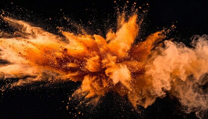 Orange powder burst radiating outward on black background with dynamic particle textures.