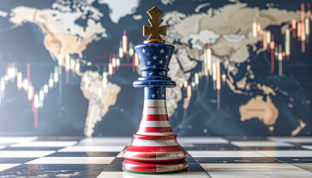 American flag king chess piece on board with world map and financial charts in background.