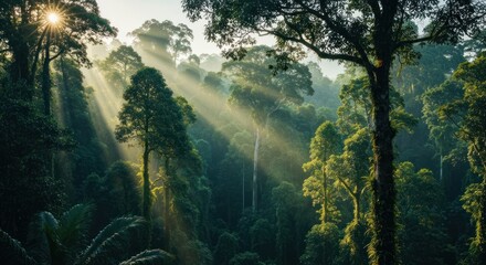 Fototapeta premium Sunlight streams through dense jungle canopy