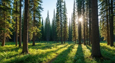 Obraz premium Sunlight streams through a dense forest of tall evergreen trees, illuminating a grassy meadow