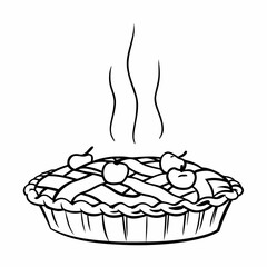 Illustration of a freshly baked apple pie with lattice crust and steam rising, in black and white outline vector illustration
