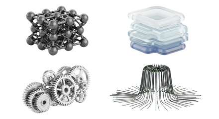 Four diverse, detailed futuristic conceptual designs featuring metallic, acrylic, and glowing elements, isolated on an infinite transparent studio background. Concept of abstract system evolution