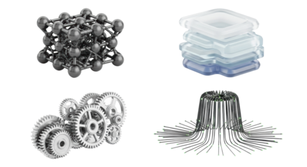 Four diverse, detailed futuristic conceptual designs featuring metallic, acrylic, and glowing elements, isolated on an infinite transparent studio background. Concept of abstract system evolution