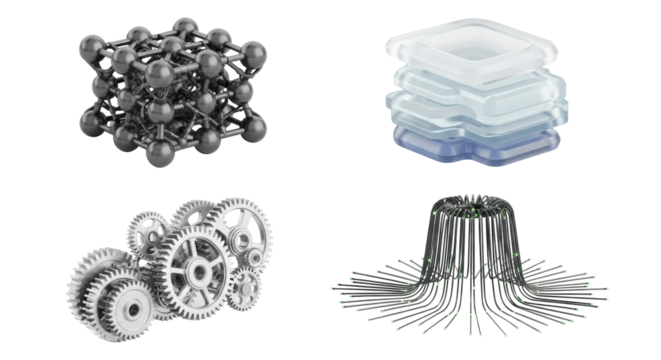 Four diverse, detailed futuristic conceptual designs featuring metallic, acrylic, and glowing elements, isolated on an infinite transparent studio background. Concept of abstract system evolution