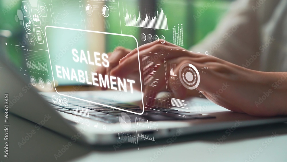 Poster modern sales enablement concept with digital interface and laptop in focus for business strategy and