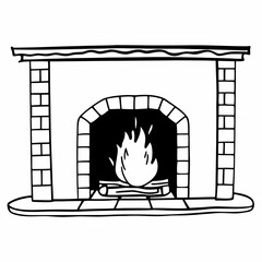 Illustration of a classic fireplace with a brick surround and a roaring fire inside the hearth area vector illustration