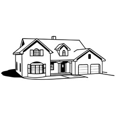 Illustration of a two story house with a garage and dormers in a black and white line drawing style vector illustration