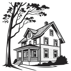 Illustration of a two story house with a porch and a large tree in black and white outline style vector illustration