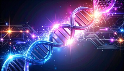 Digitally enhanced DNA double helix with glowing particles and circuit patterns in vibrant blue, purple, and pink.
