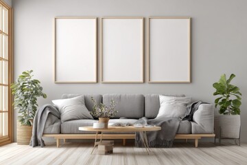 White blank three frames poster template iso a paper size stylish living room mockup background interior design home decor wall artwork presentation modern minimalist