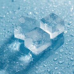 Melting three ice cubes on a blue background, meltwater from melting ice.