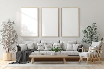 White blank three frames wall art mockup template iso a paper size poster minimalist interior modern living room decor stylish house background design presentation concept
