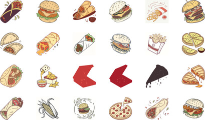Hand drawn colorful fast food illustration bundle with burgers, cheeseburgers, pizza slices, tacos, burritos, shawarma wraps, sandwiches, french fries, nachos, garlic bread and snacks – cartoon junk f