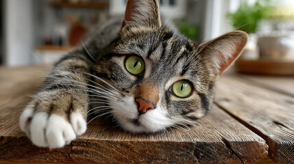 Tabby cat relaxing on wooden table with focused green eyes in home setting