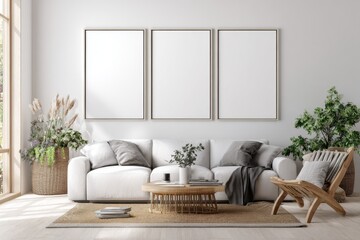 Minimalist living room decor background with white blank three frames wall mockup iso a paper size poster template stylish interior design modern artwork presentation