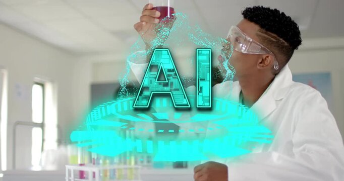 Teenage boy picking up red beaker at chem lab for analyzing solution, causing AI graphic swirling
