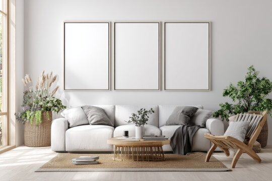 Minimalist living room decor background with white blank three frames wall mockup iso a paper size poster template stylish interior design modern artwork presentation