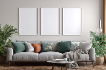 Living room wall mockup with white blank three frames poster iso a paper size minimal furniture decor home interior modern stylish background presentation template