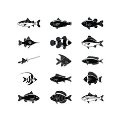 Fototapeta premium Diverse collection of hand-drawn black fish silhouettes for aquatic themes and design