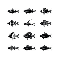 Diverse collection of stylized fish silhouettes in various aquatic poses and species