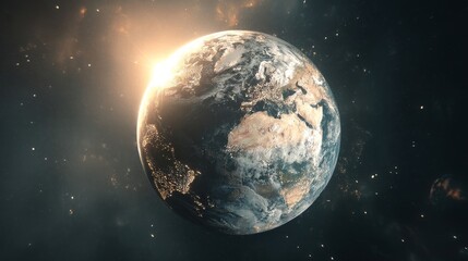 Fototapeta premium Earth in space at night with city lights visible, sunrise or sunset casting warm glow over the planet,
