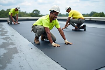 African-American Construction Team Installing Bitumen Membrane Waterproofing on Roof: Site Details and Installation