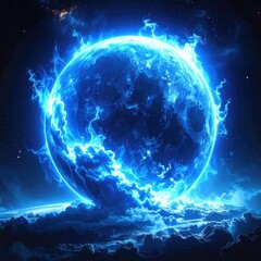 Obraz premium Blazing blue sphere planet in space